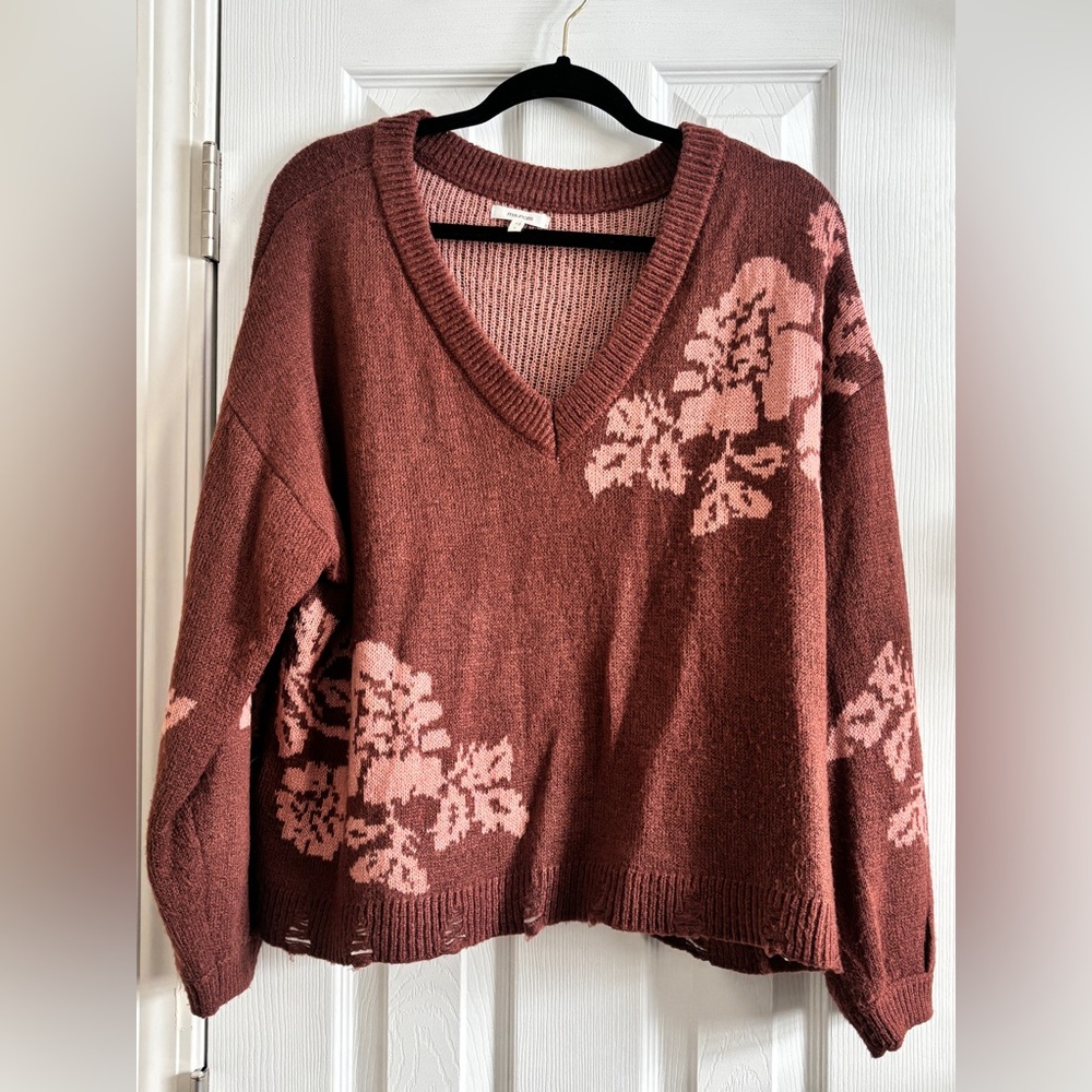 Maurices Floral Knit V-Neck Distressed Sweater